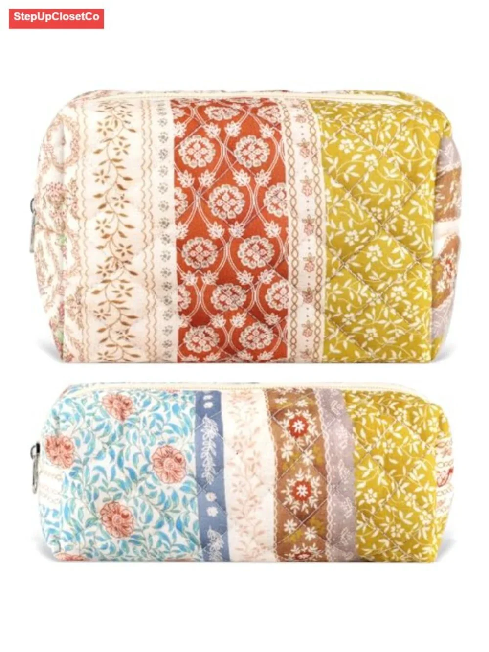Cotton Quilted Floral Makeup Bag Set of 2 - Zipper Pouch Travel Toiletry
